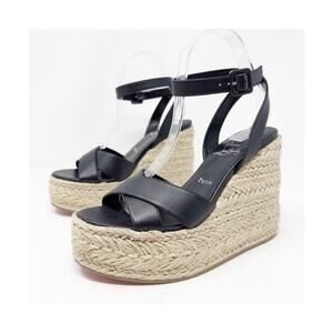 Christian Louboutin Mariza Zeppa Black Leather Wedge Sandals Womens Size EU 38